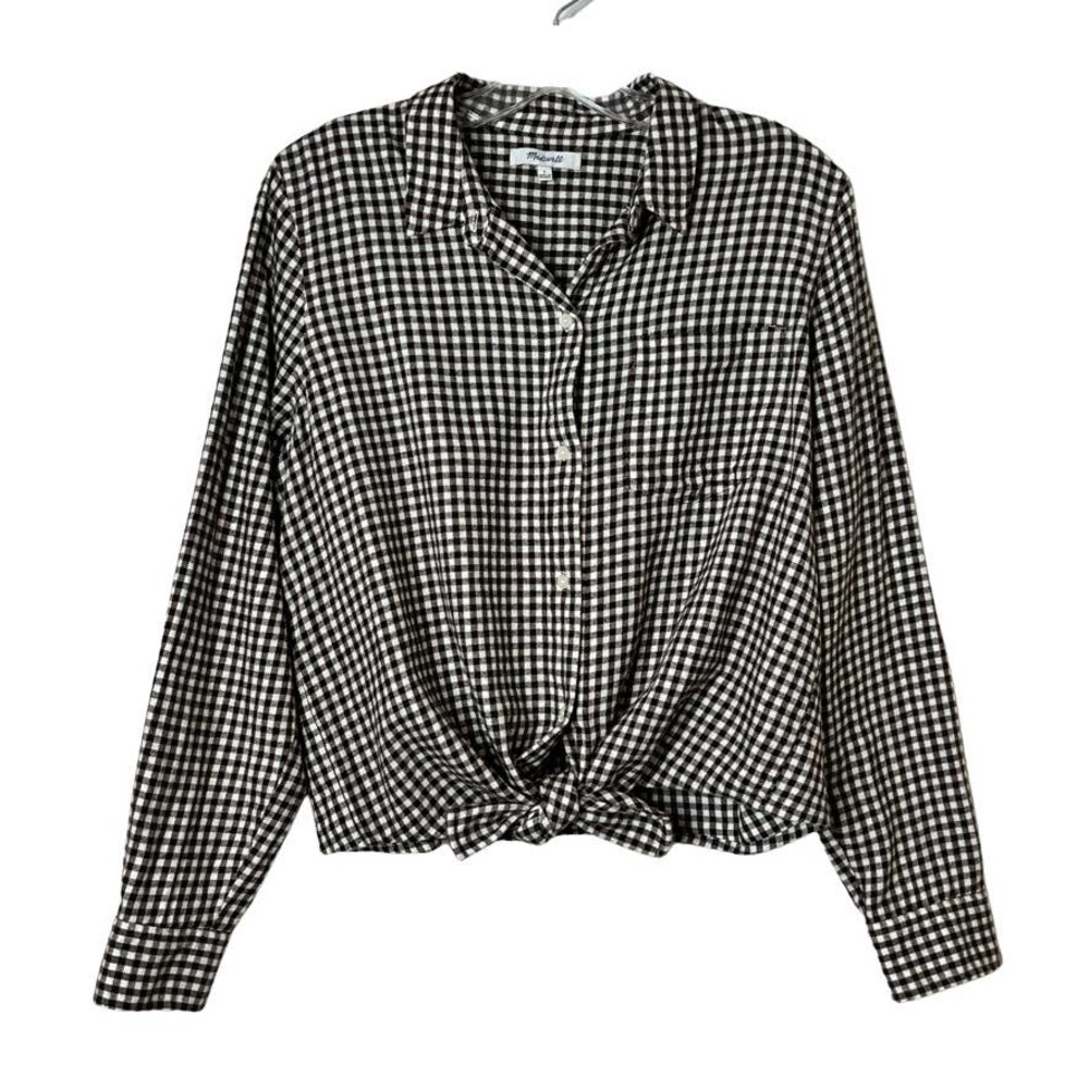 Madewell Flannel Tie-Front Shirt in Gingham Check Brown White Womens Large